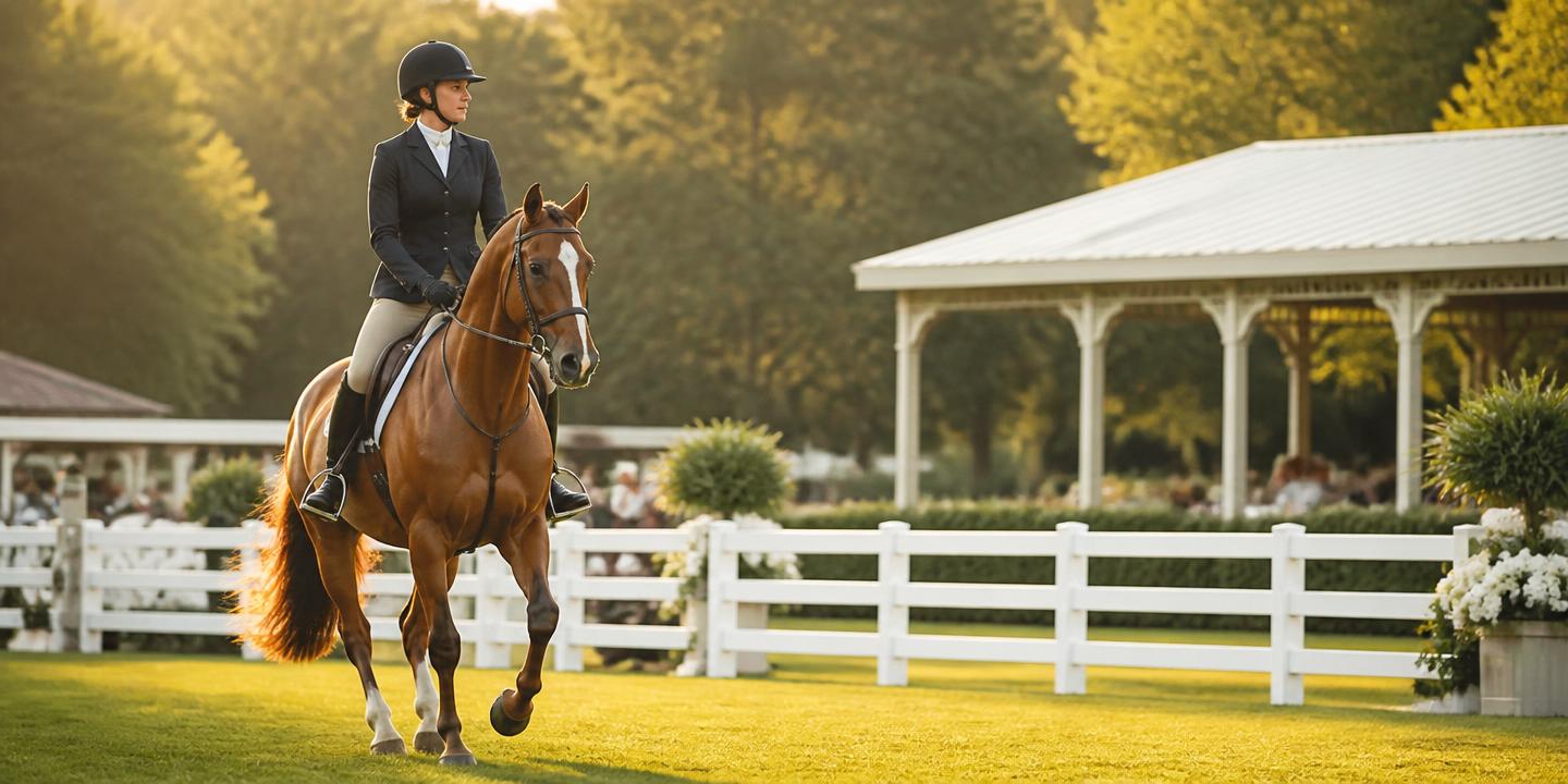 Horse and rider in a sunlit show ring